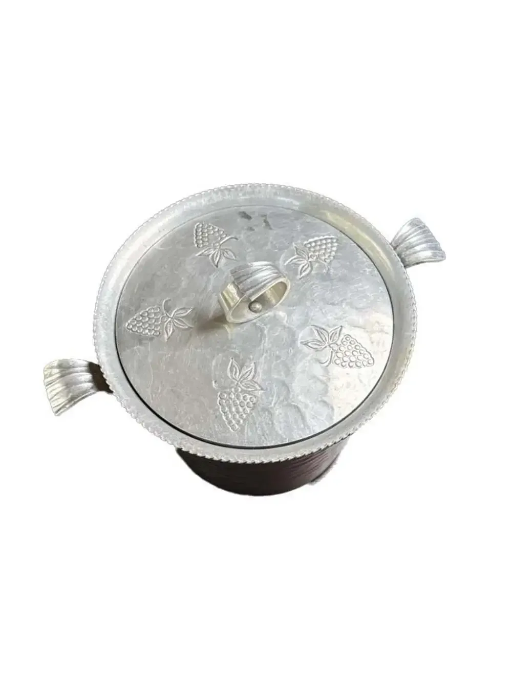 Vintage Buenilum Hand Wrought Hammered Aluminum Ice Bucket Lid Grape Detail